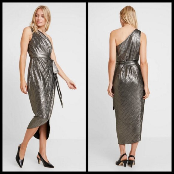 💕TED BAKER💕 Gabria One Shoulder Drape Midi Dress ~ Metallic Gold US 12 NWT - Picture 9 of 16